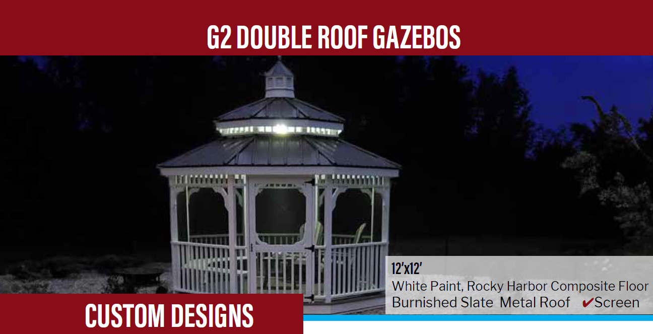 White gazebo with double roof, lit up at night, text 