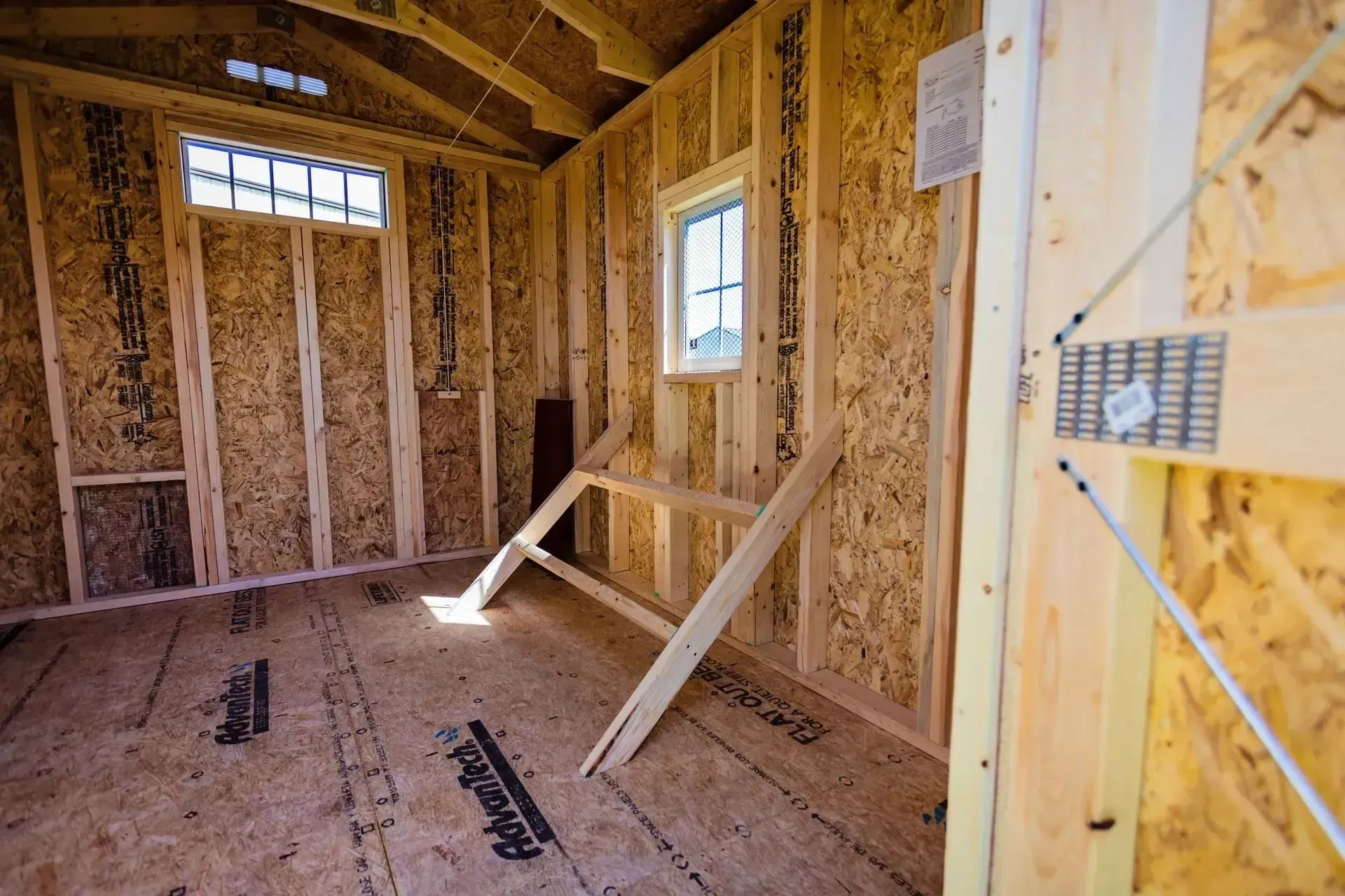 Interior view of a wooden shed under construction with two windows and a braced wall.