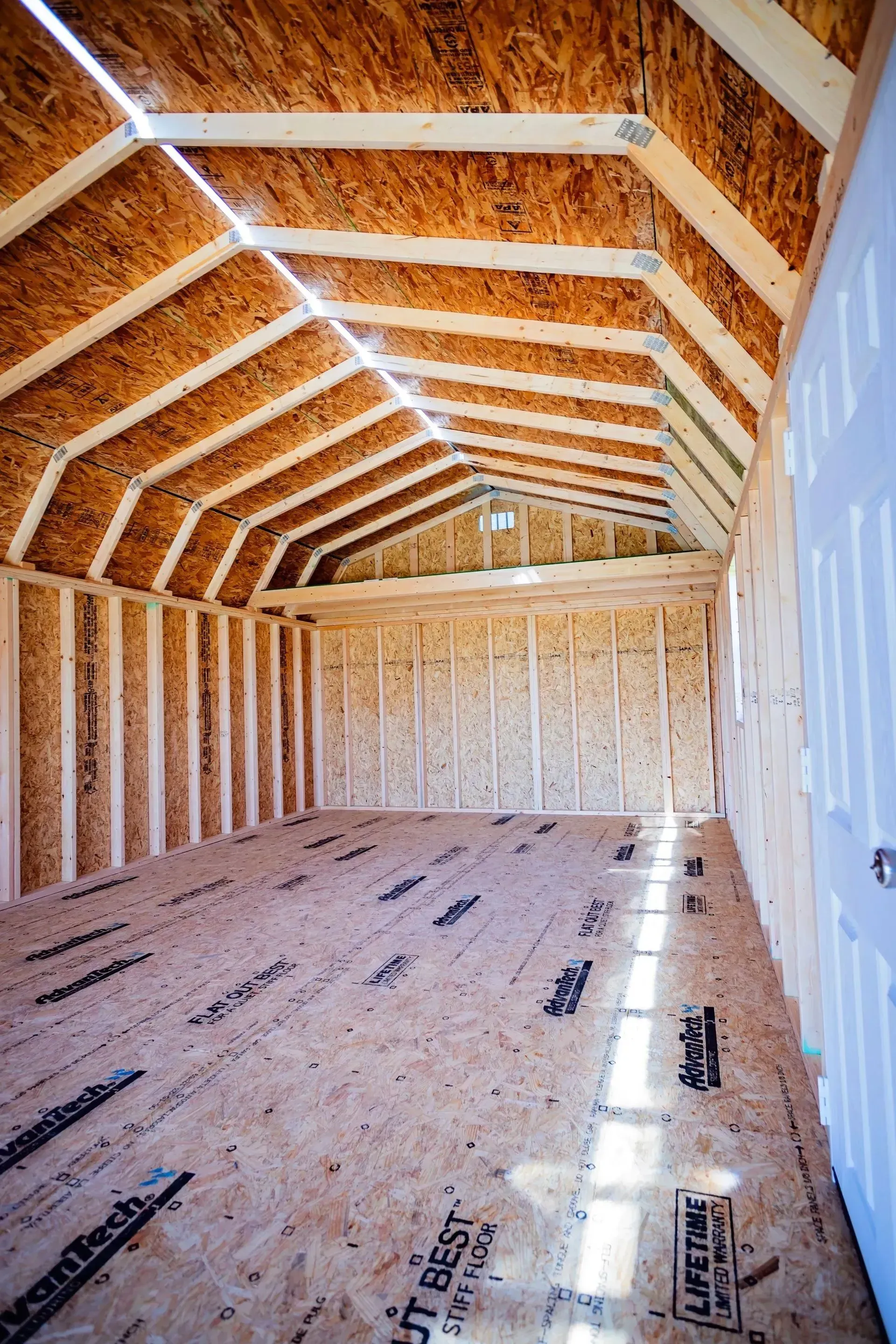 Interior of a shed: unfinished wood walls, ceiling, and floor; sunlight streams through the roof; empty space.