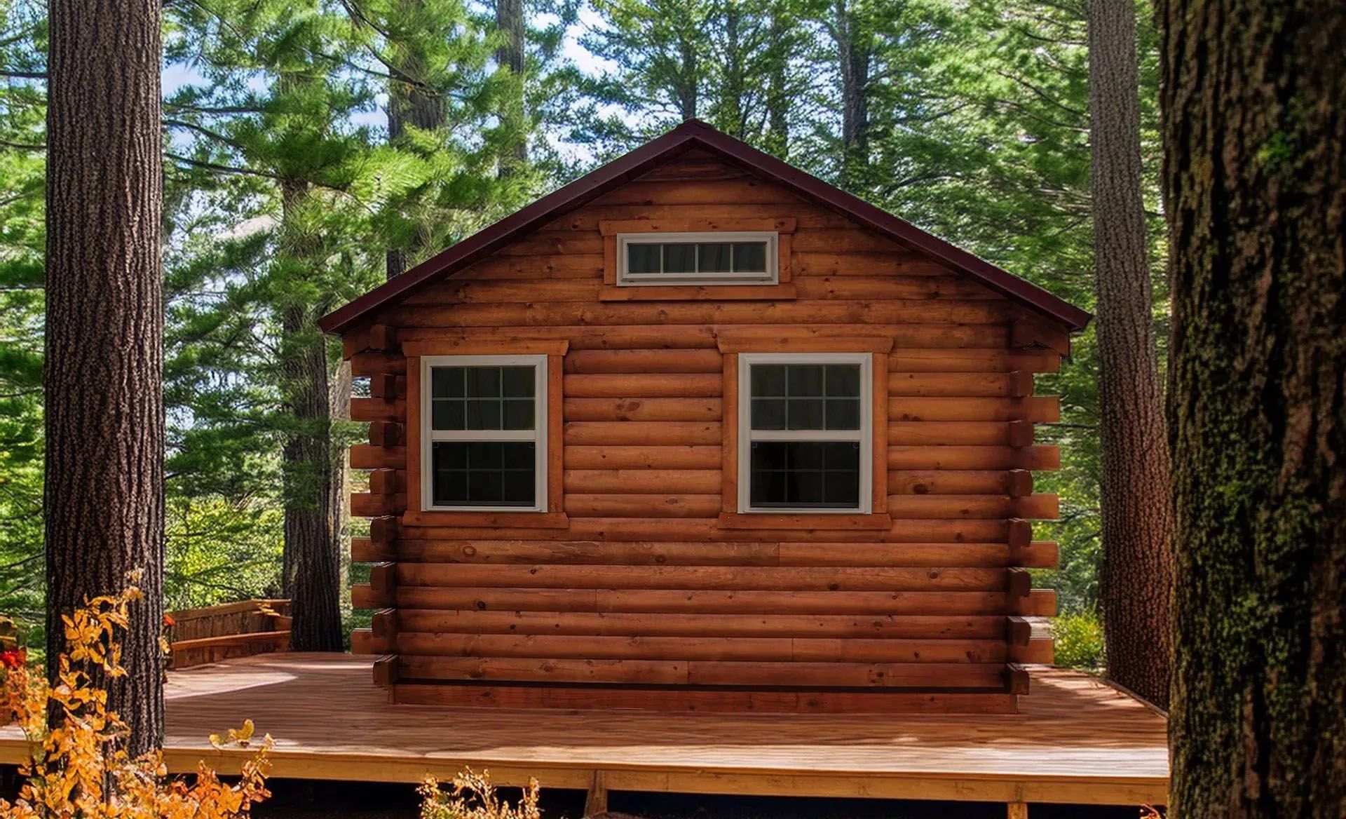 Wooden cabin with two windows, small porch, in a forest setting.
