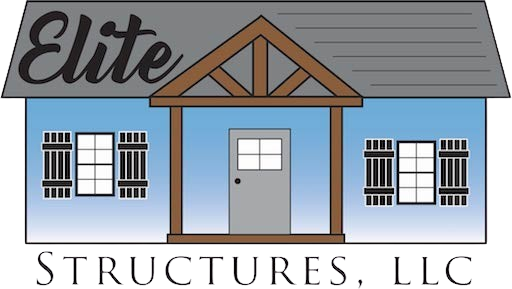 Logo for Elite Structures LLC: A blue house with brown trim and shutters, and the company name.