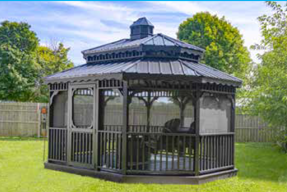 Black gazebo with a screened enclosure in a backyard.