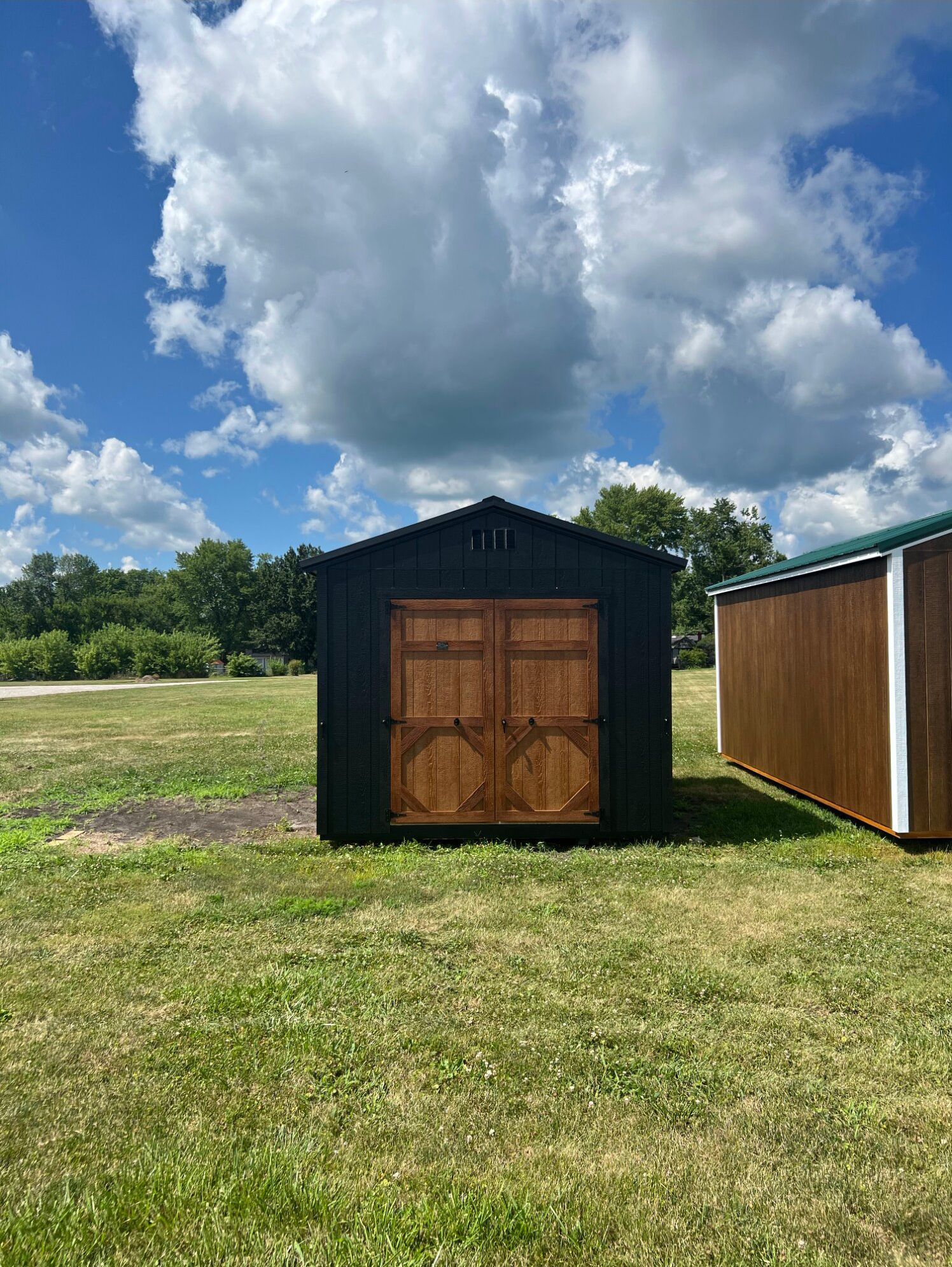 A black shed with double wooden doors stands in a grassy field under a bright blue sky with large white clouds.