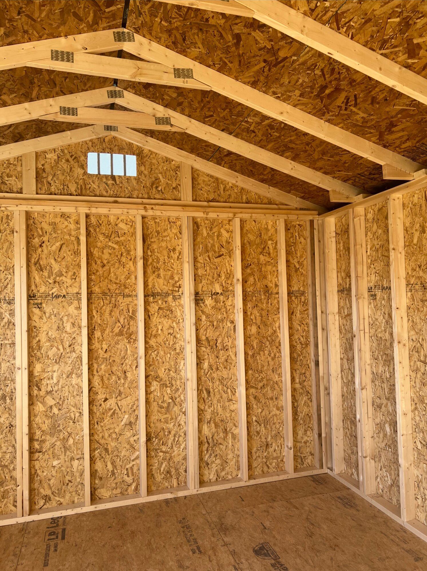 Interior view of a new wooden storage shed featuring exposed wall studs, wooden rafters, and an OSB floor and walls.