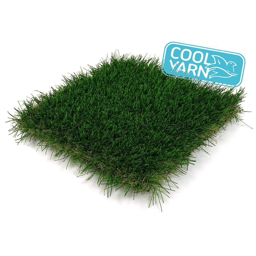 A piece of artificial grass with a cool yarn logo on it.