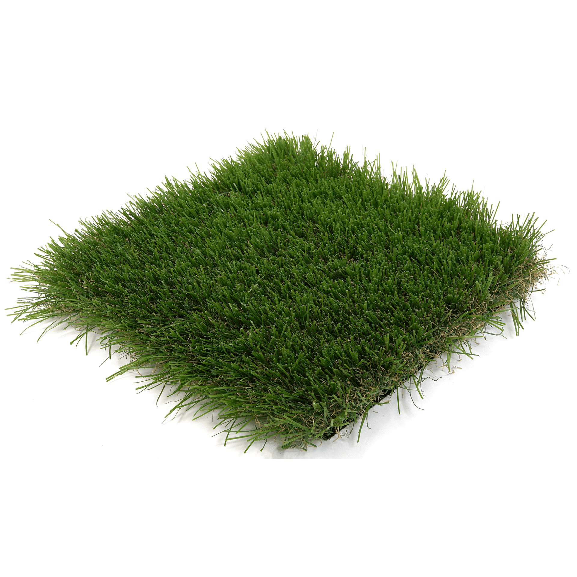 A piece of artificial grass is sitting on a white surface.