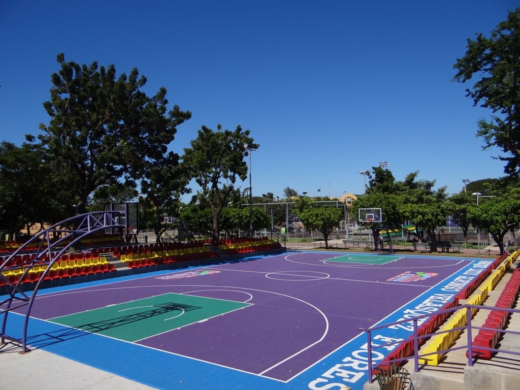 A purple green and blue basketball court in a park