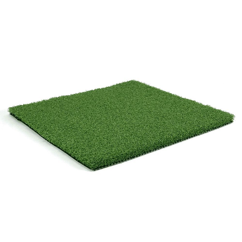 A square piece of green artificial grass on a white background.