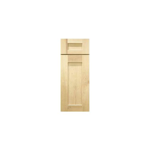A wooden cabinet door with two drawers on a white background.