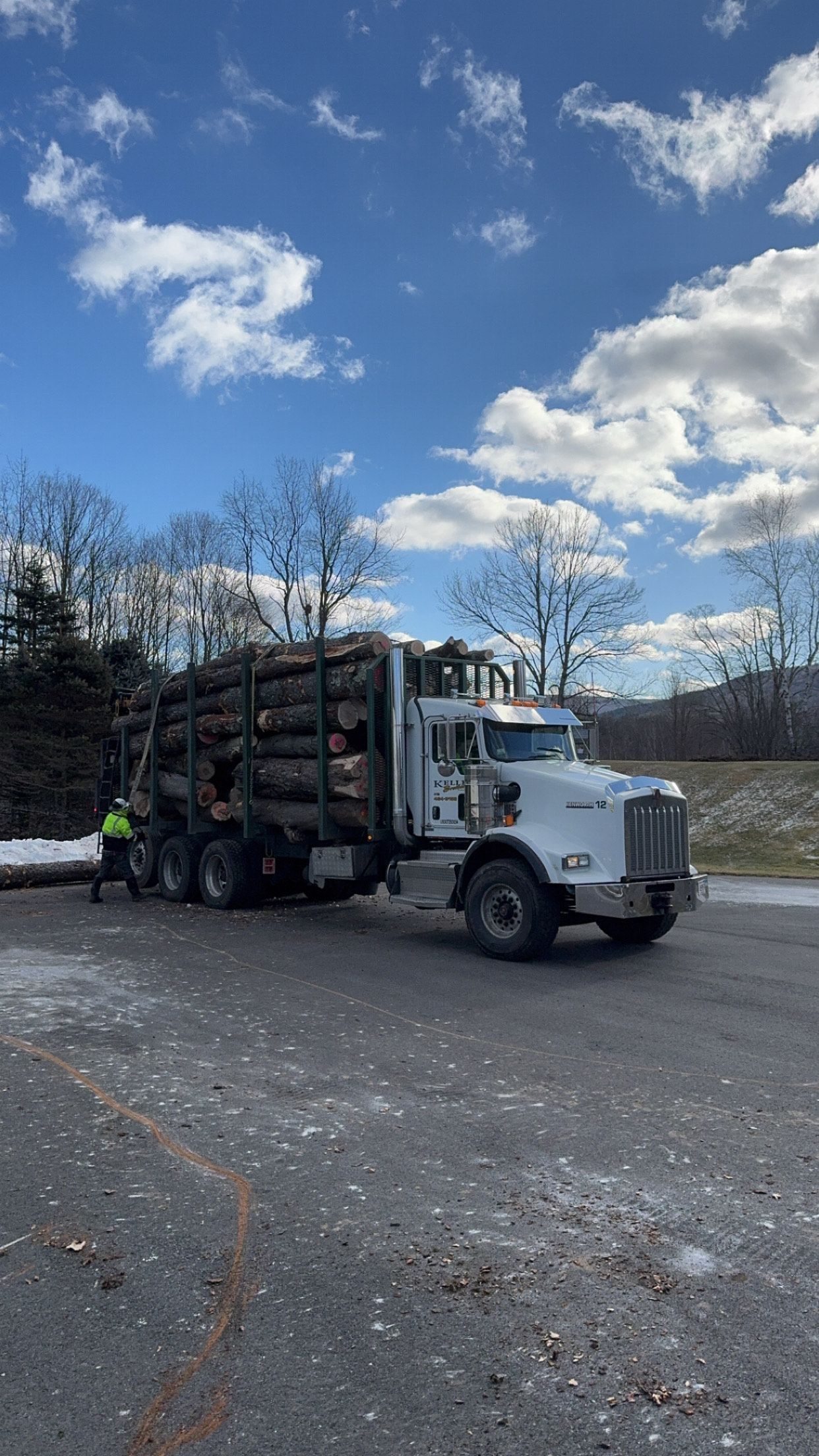 A white semi truck is carrying logs in a parking lot