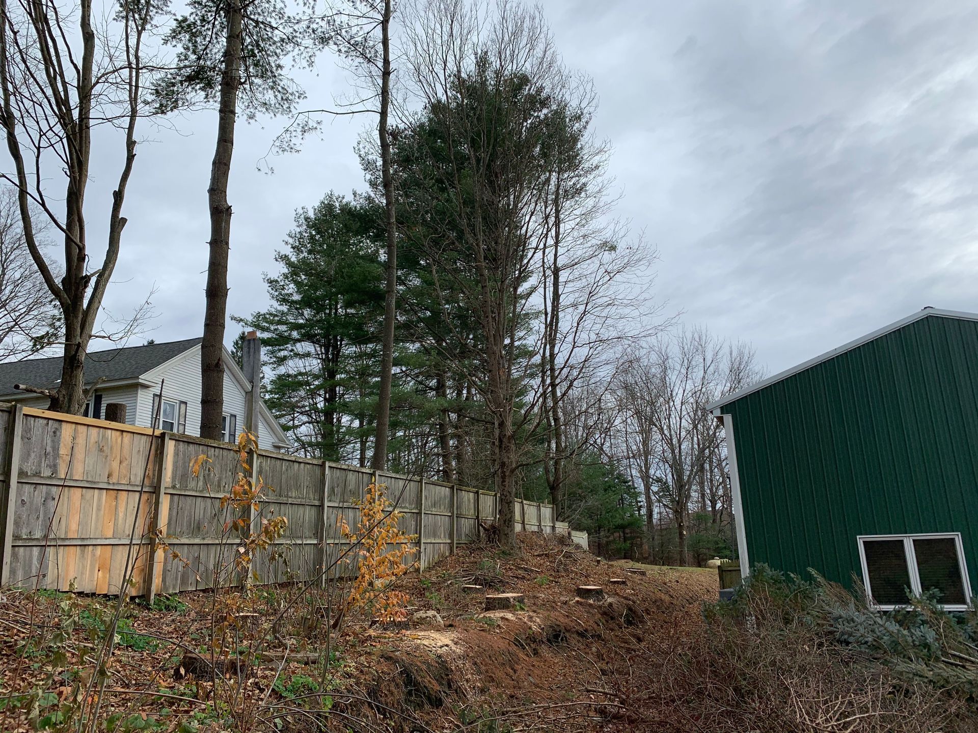 A wooden fence is surrounded by trees and a green building.