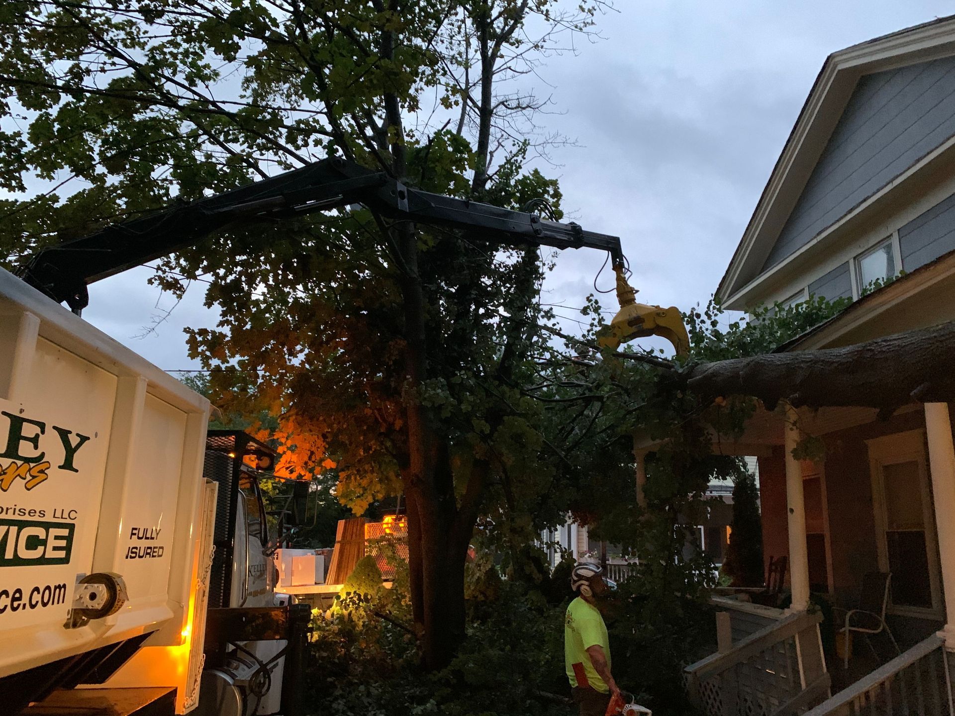A large tree is being removed from a house by a crane