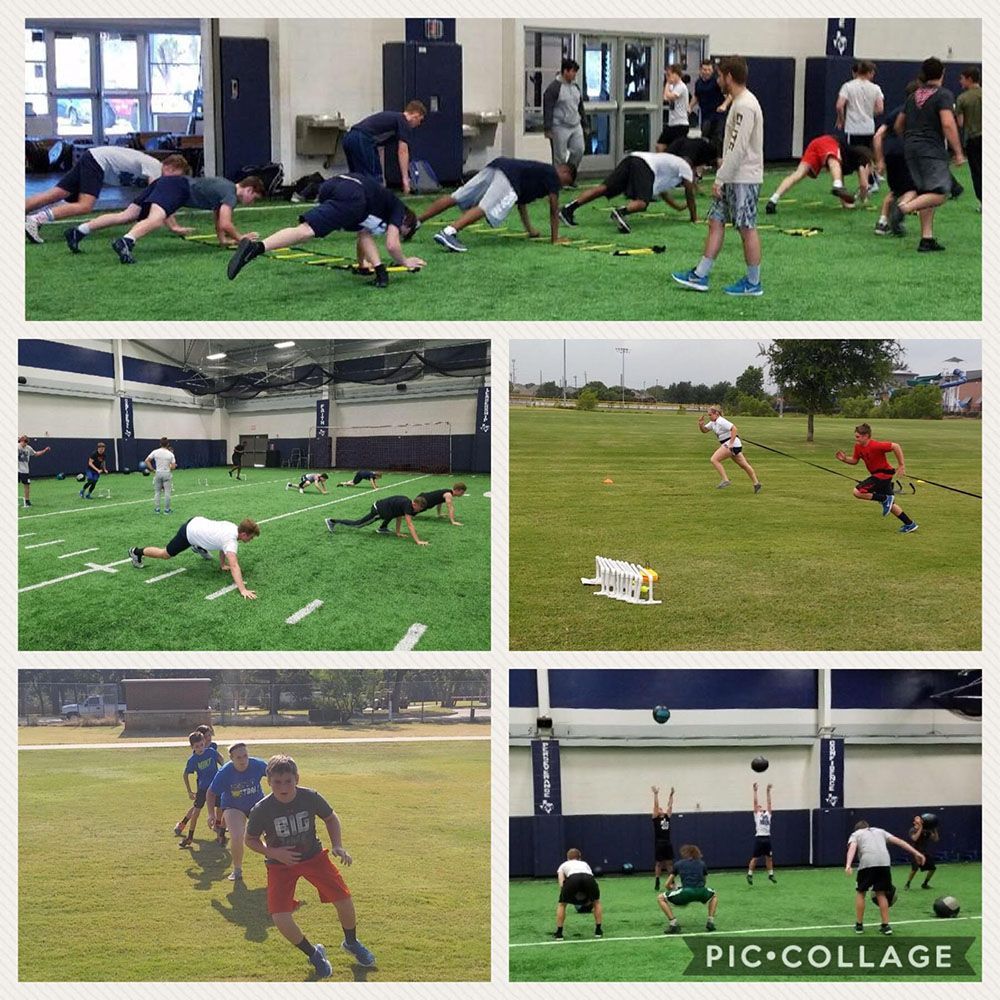A collage of pictures of people doing exercises on a field