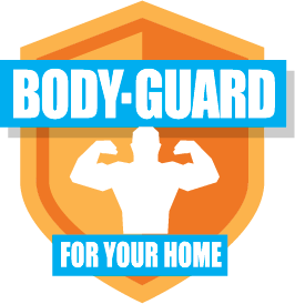 Orange shield logo with white flexing figure and blue text reading “BODY-GUARD FOR YOUR HOME”