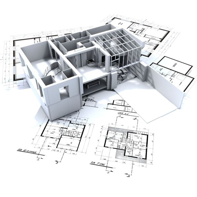 3D architectural floor plan model with blueprints spread around it
