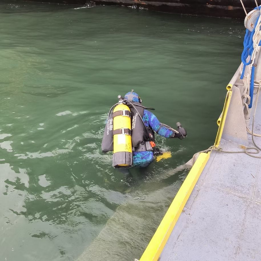 A scuba diver is getting ready to dive into the water