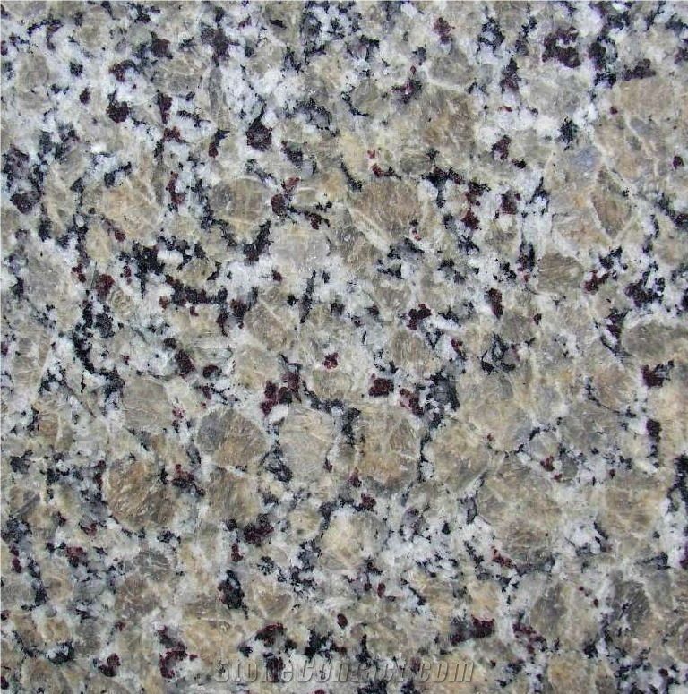 Close-up of granite tile with beige, gray, white, and dark speckles.