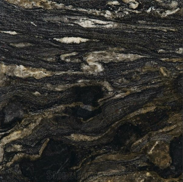 Dark granite with swirling black, brown, and white patterns.