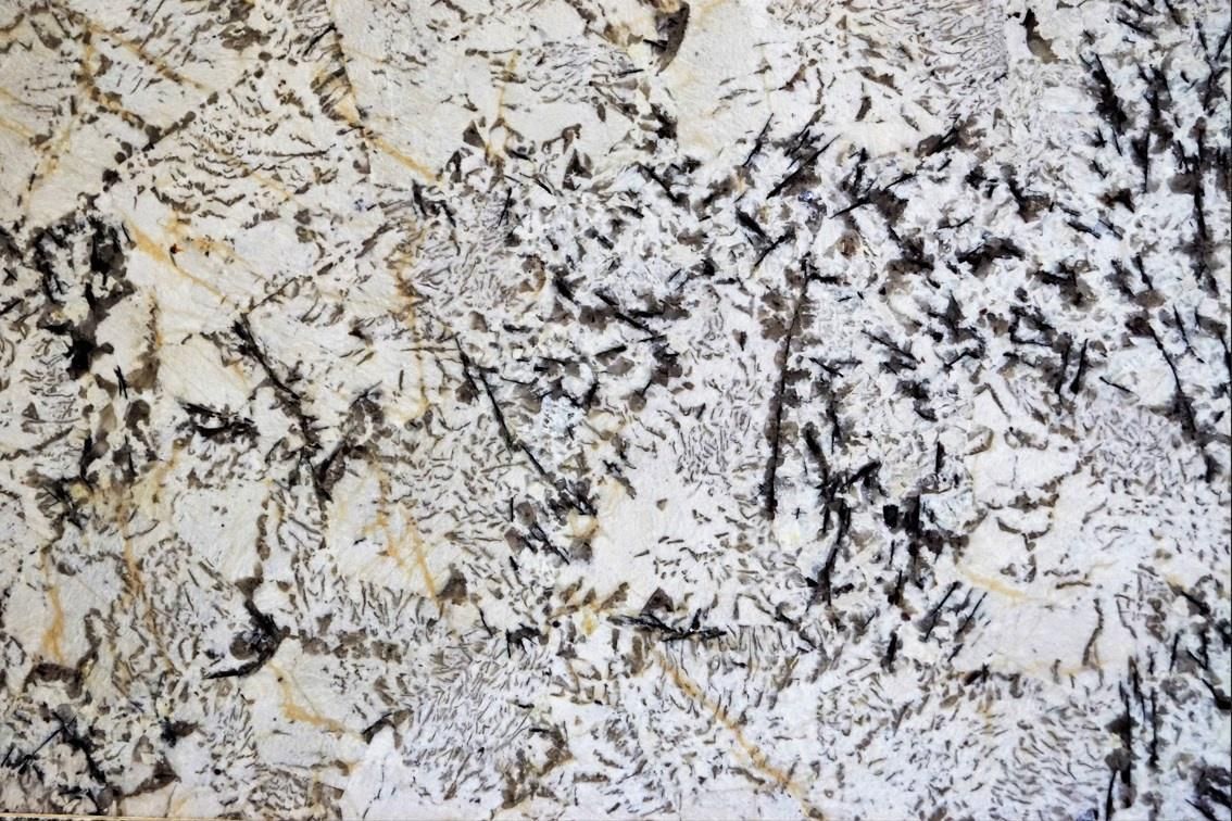 White and black granite countertop with dark, branching veins.