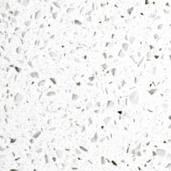 White quartz countertop with speckled gray aggregate.