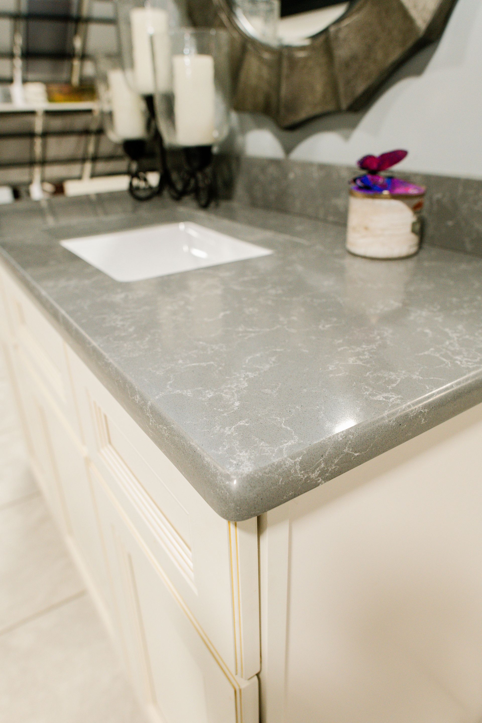 Bathroom vanity with gray countertop