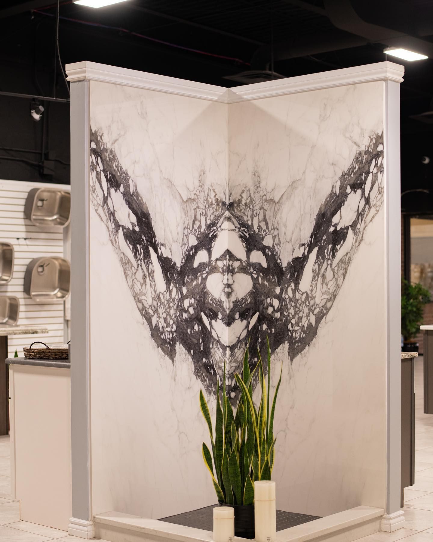 Abstract black ink mural on white wall panels in a modern showroom, with a tall green plant below