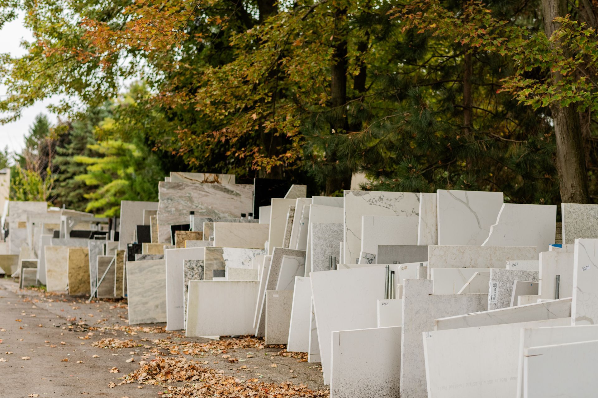 Rows of stone slabs outdoors