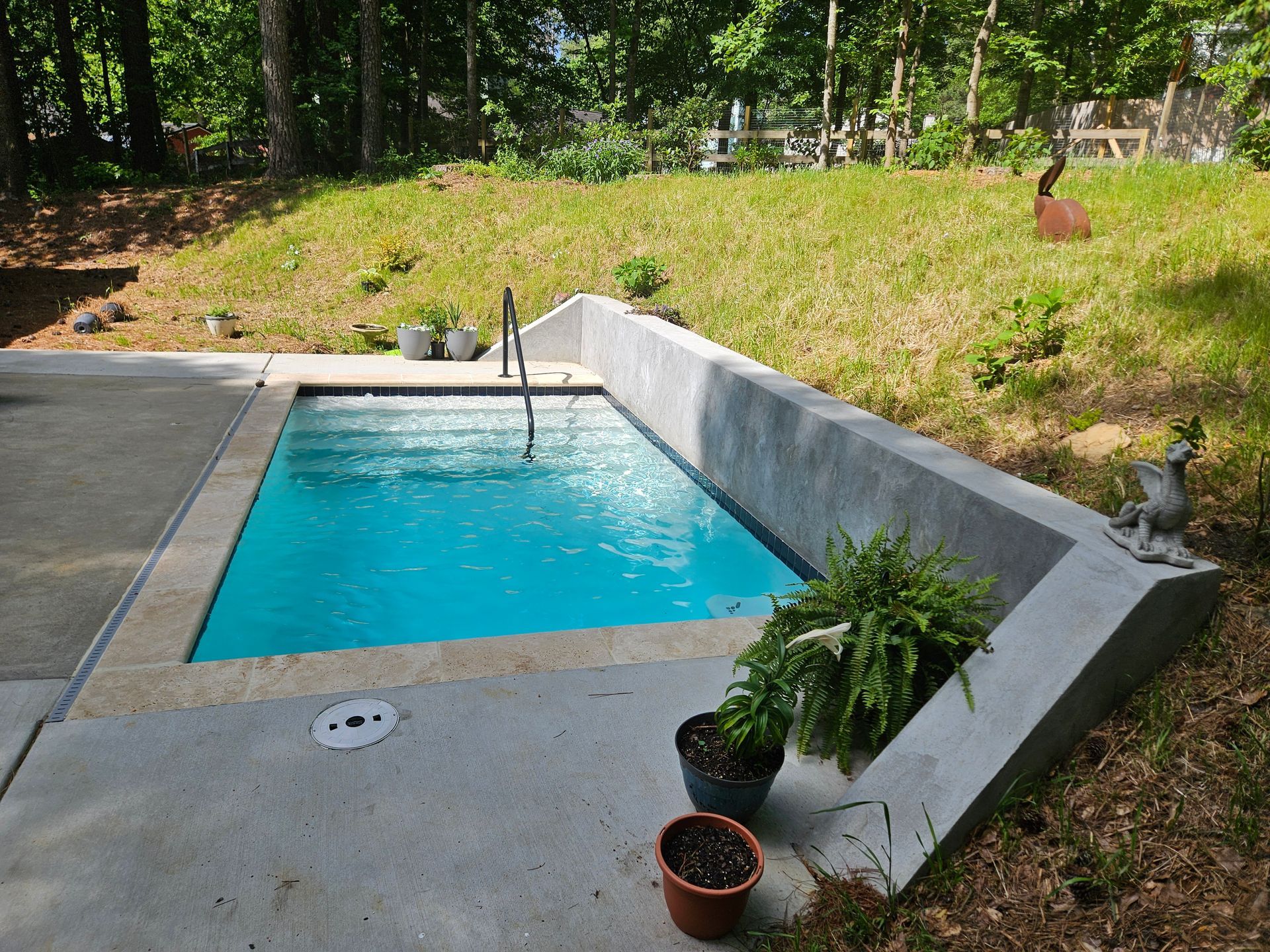 A small swimming pool surrounded by potted plants and trees