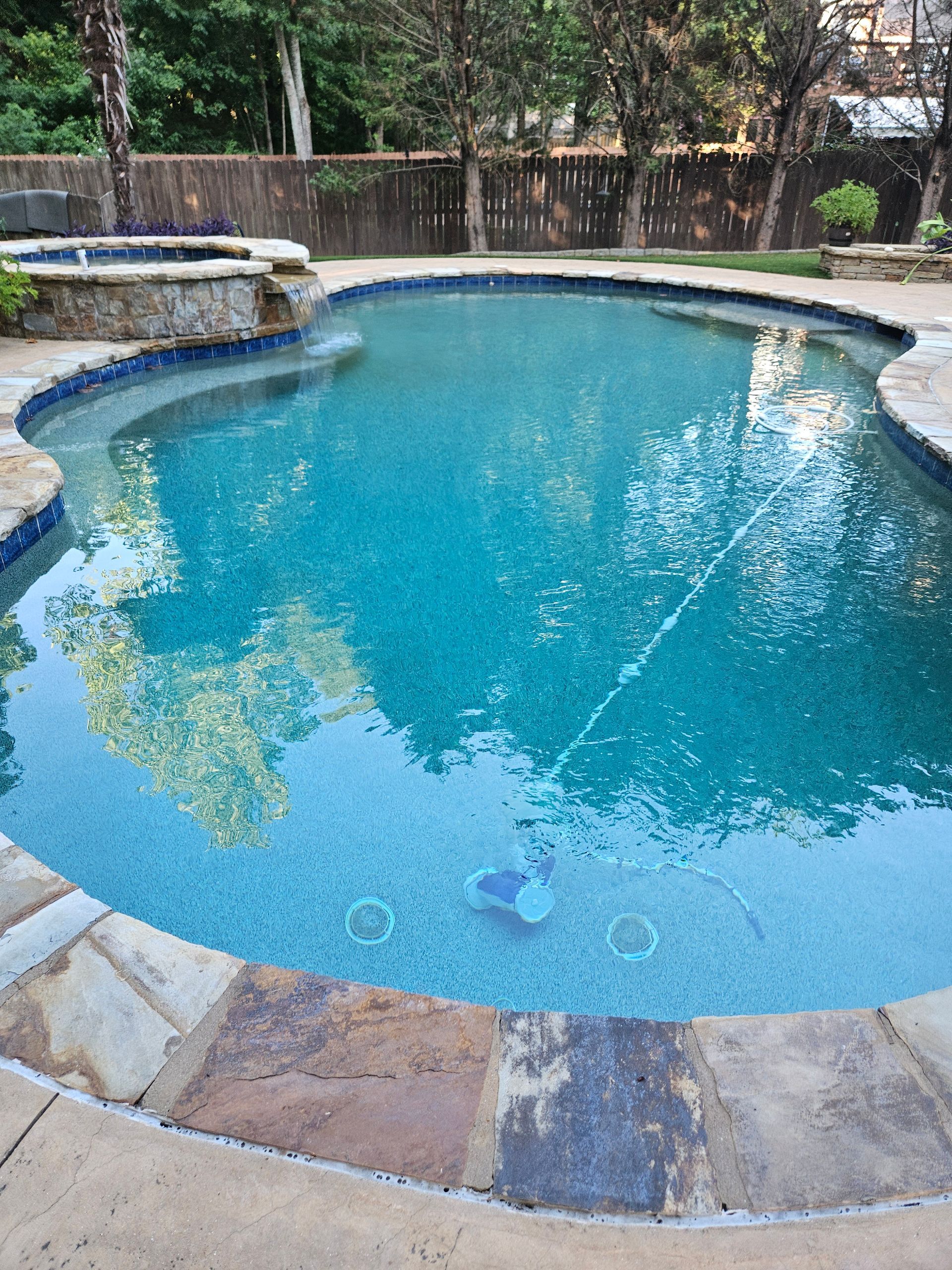 A large swimming pool in a backyard with trees in the background