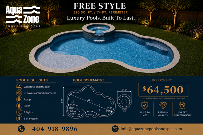 Aquazone pool ad showing a free-style backyard pool at night with $64,500 price and contact details