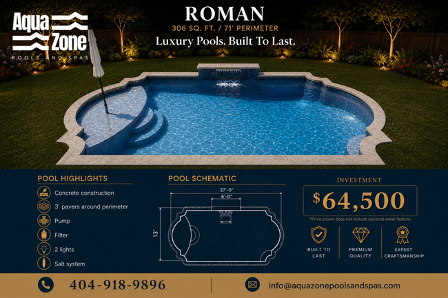 Luxury backyard Roman-style pool design ad with blue pool, stone deck, and $64,500 price tag