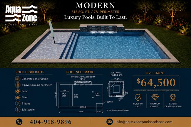 Modern luxury pool design ad with a blue rectangular pool and $64,500 price on a dark background