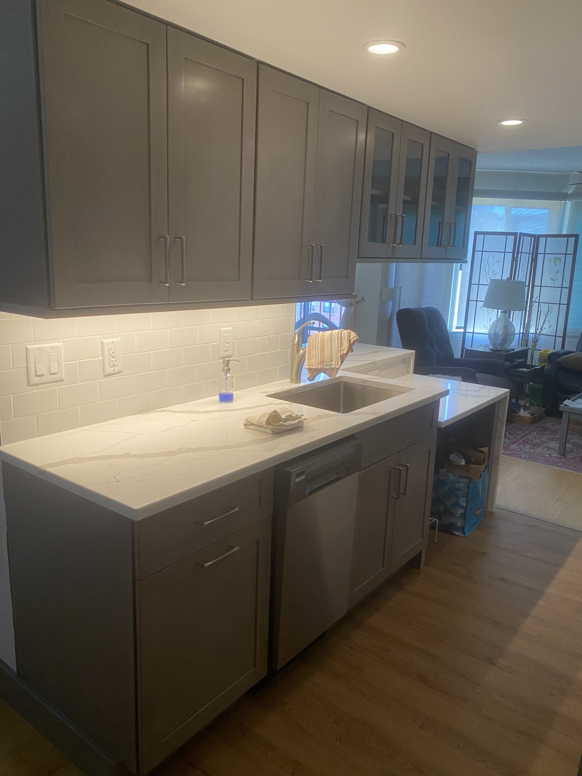 Modern kitchen with dark gray cabinets, white countertops, stainless dishwasher, and wood floors