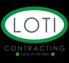 Logo for LOTI Contracting: Oval with "LOTI" in gray, green outline, "CONTRACTING" and "LUCK OF THE IRISH" below with shamrocks.