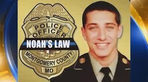 Police badge with Noah's Law superimposed on it, and photo of smiling officer in uniform.