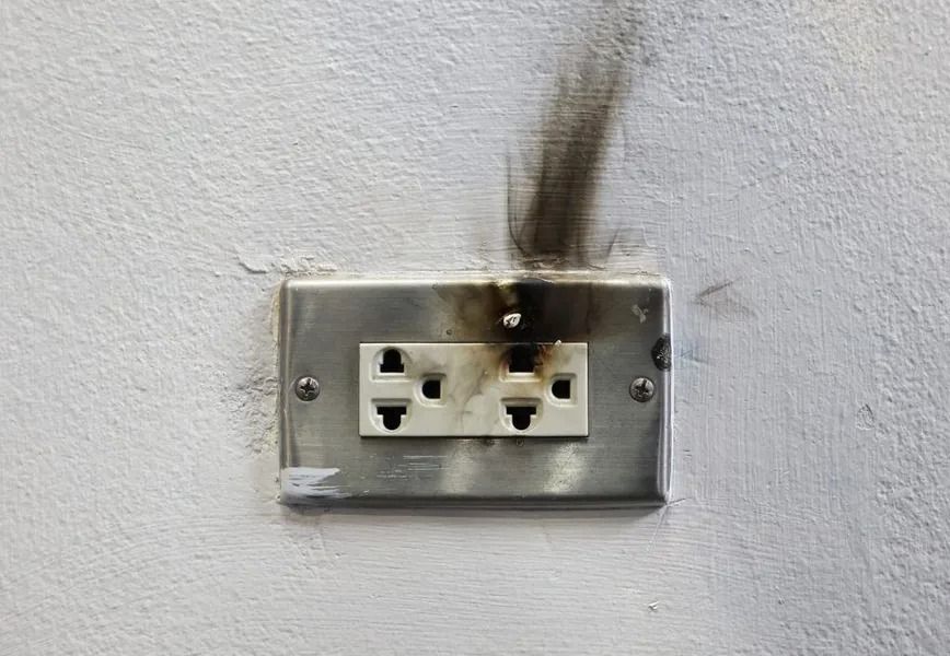 Burnt electrical outlet on a white wall, with black scorch marks.