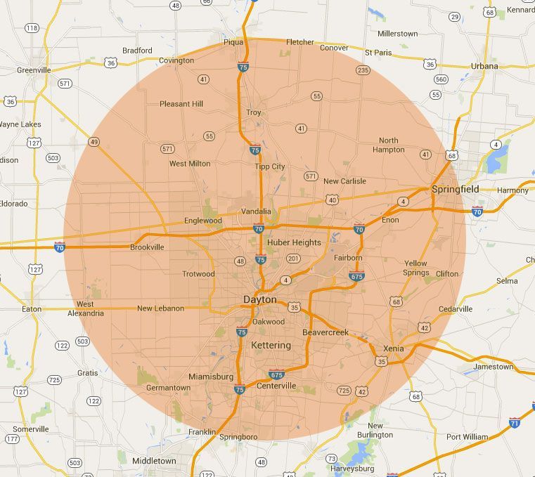 A map showing a circle around a city