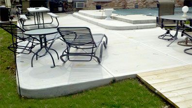 A patio with tables and chairs next to a pool.
