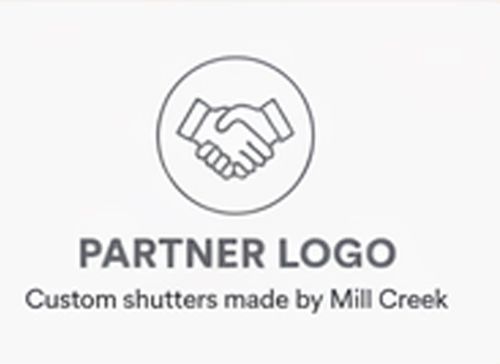 Handshake logo with “PARTNER LOGO” and “Custom shutters made by Mill Creek” text