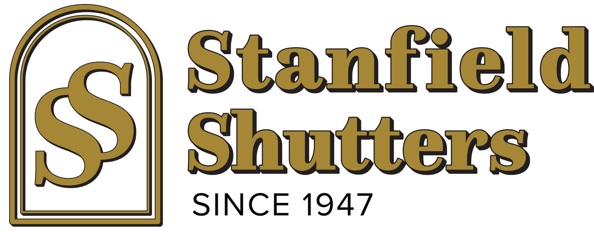 Stanfield Shutters logo with gold “SS” monogram and “Since 1947” text