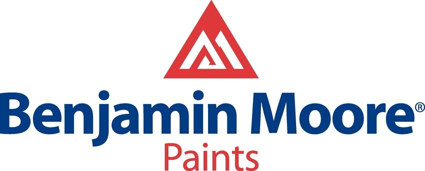 The logo for benjamin moore paints has a red triangle on it.