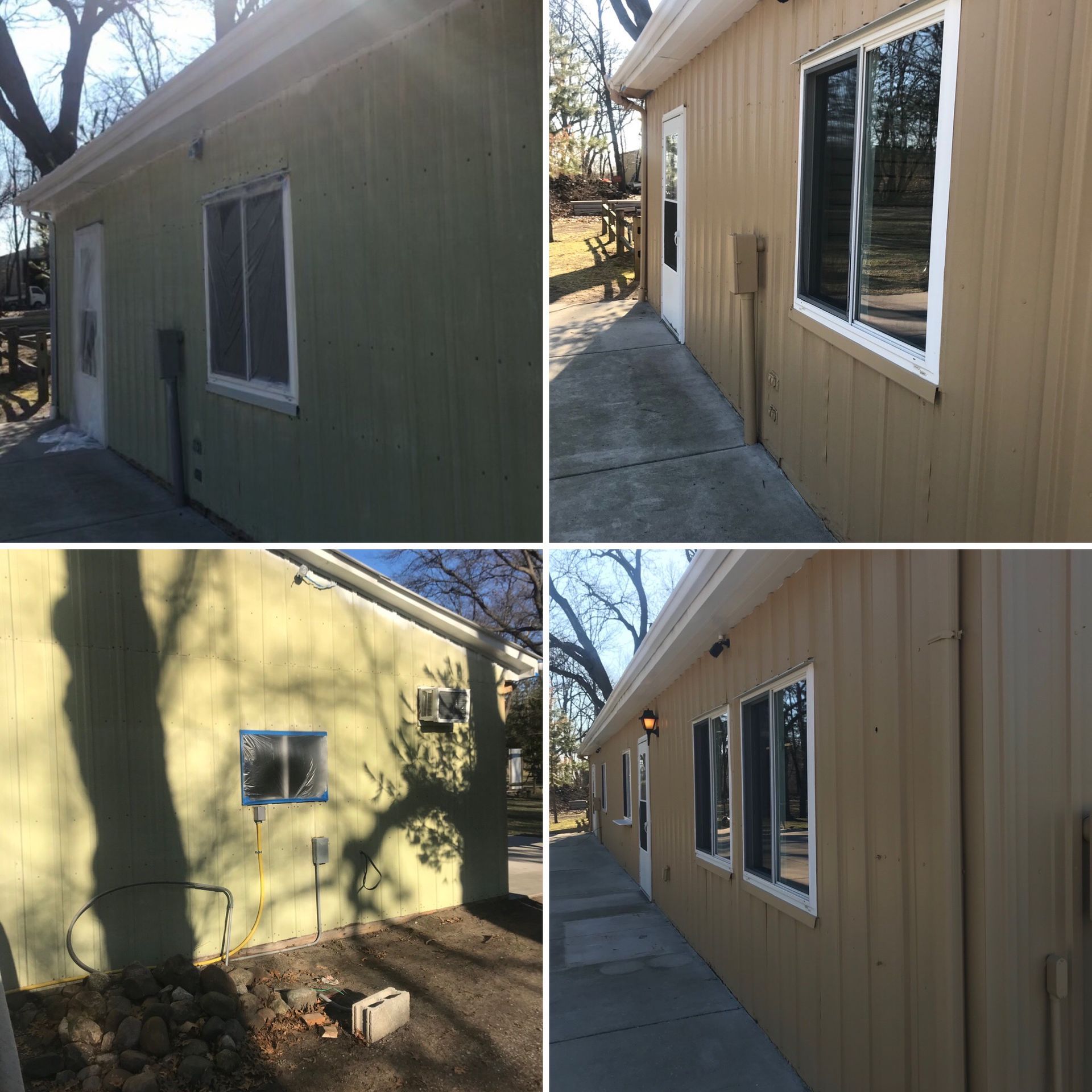 A collage of four pictures of a house before and after being painted
