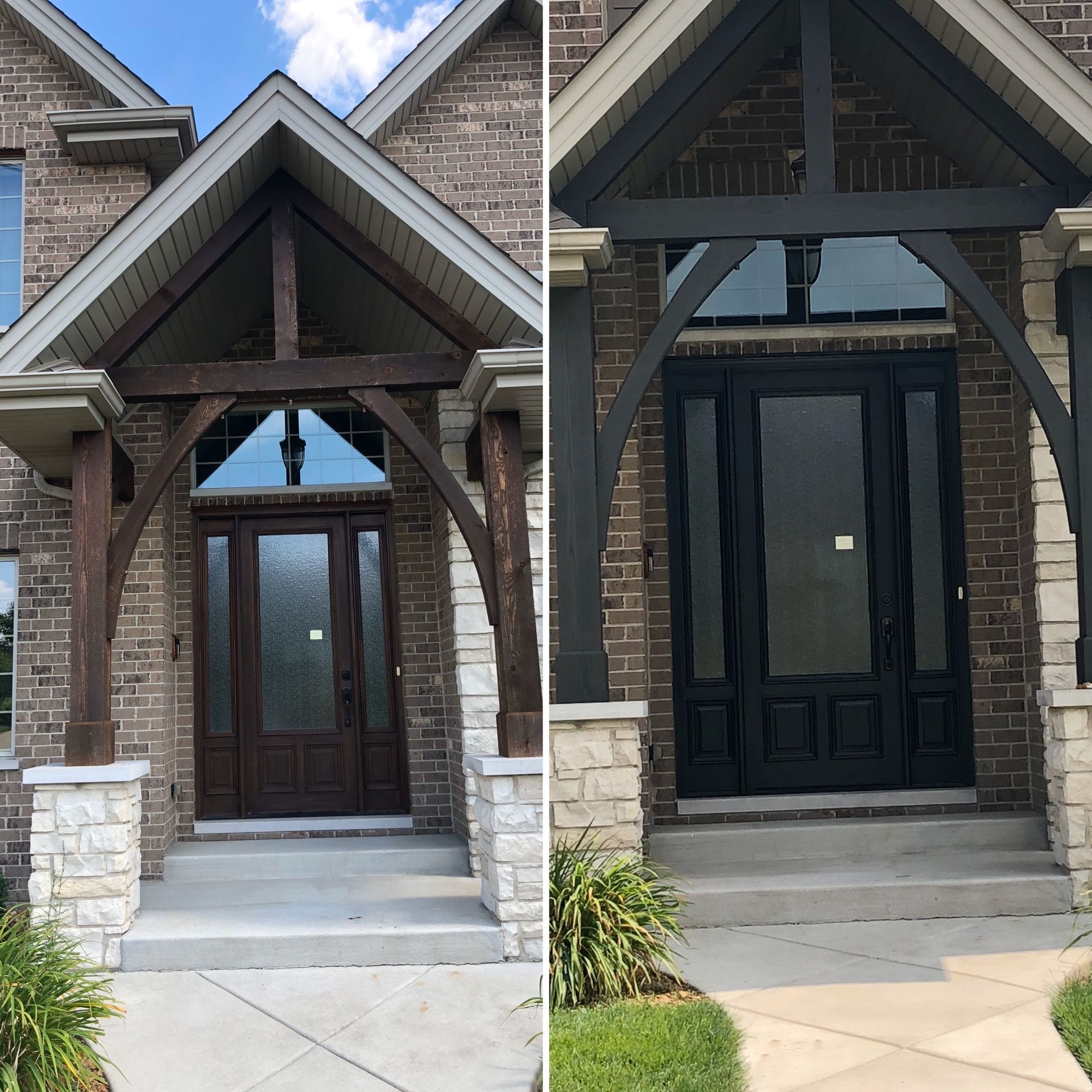 A before and after photo of a brick house with a black door