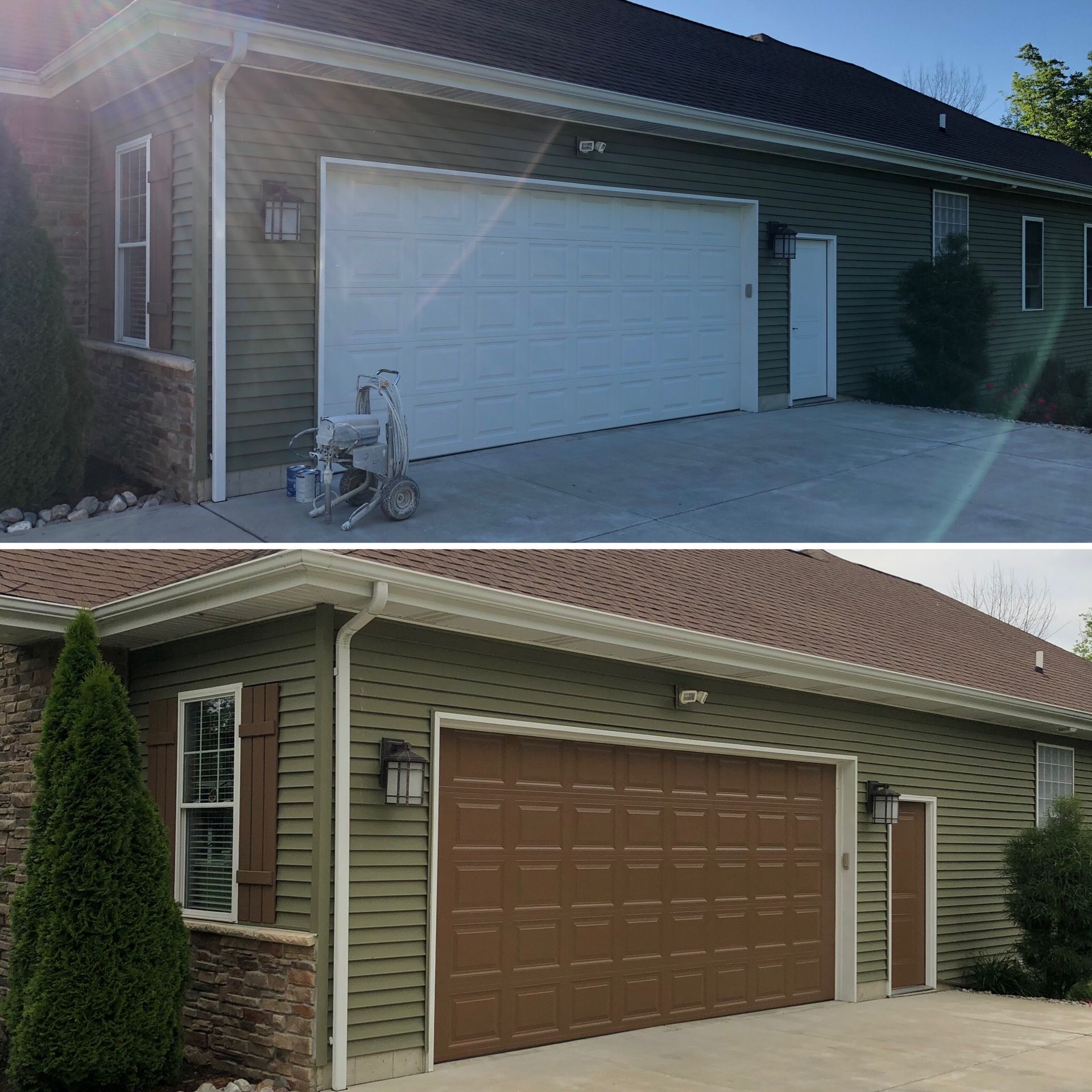 A before and after picture of a house with a garage door