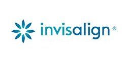 The invisalign logo is blue and white with a flower in the middle.