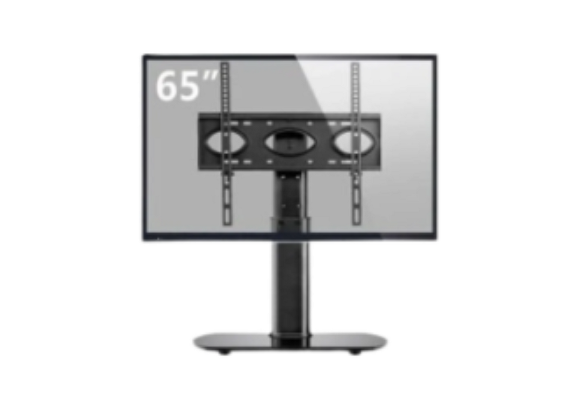 65-inch TV on a black stand with a wall-mount bracket shown behind it