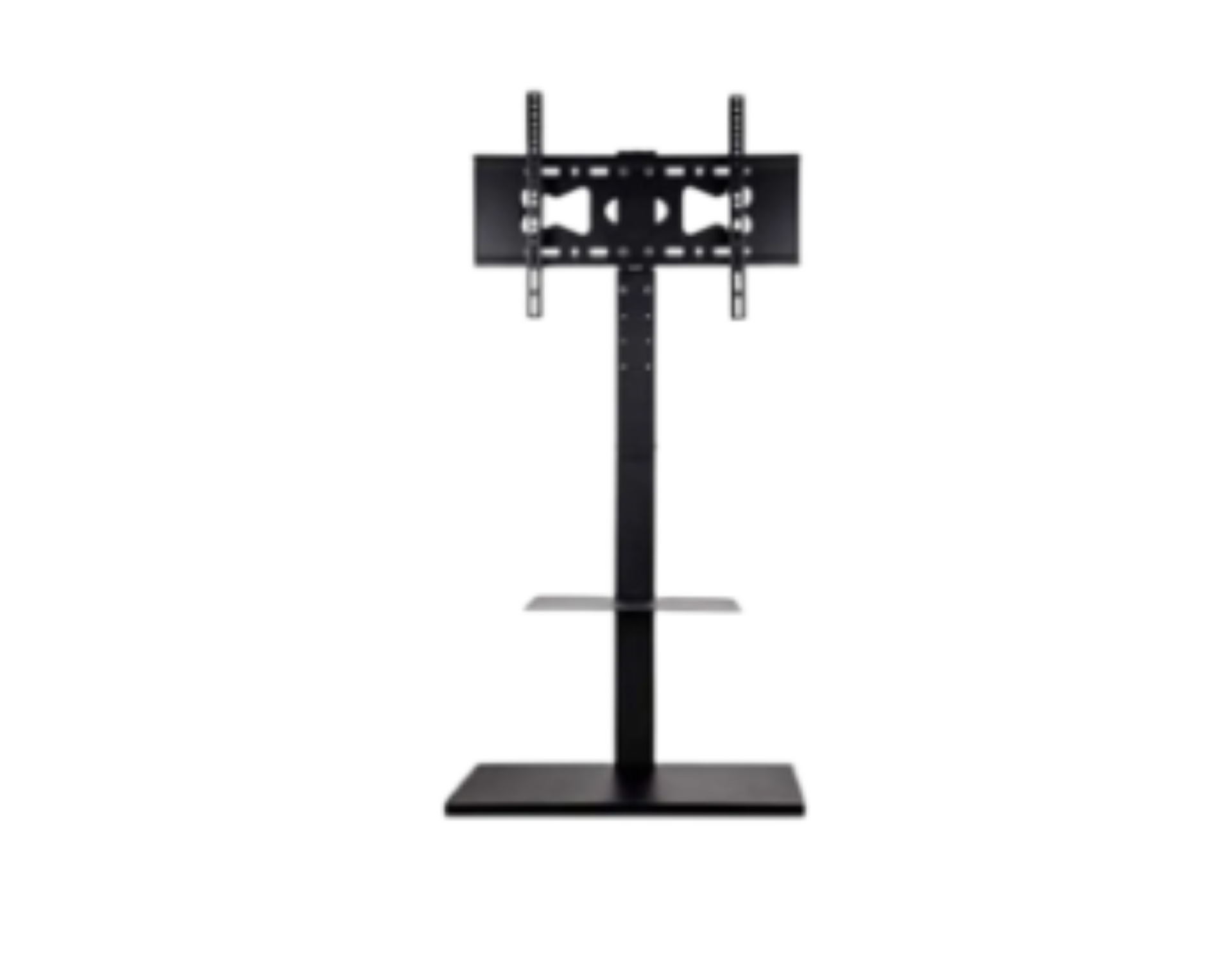 Black TV stand with a central pole and wide rectangular base on a white background