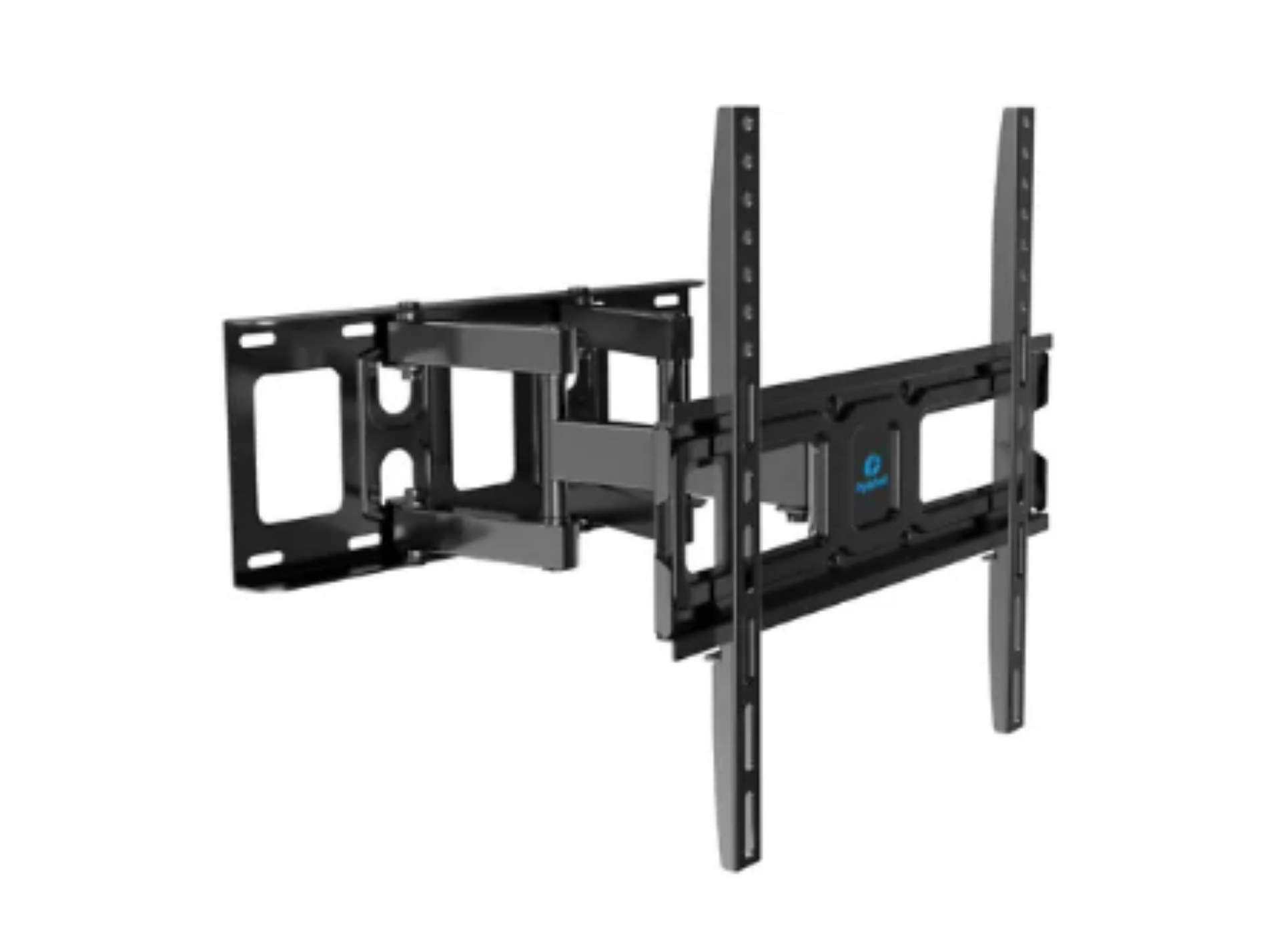Black articulating TV wall mount with adjustable arms and vertical brackets on a white background