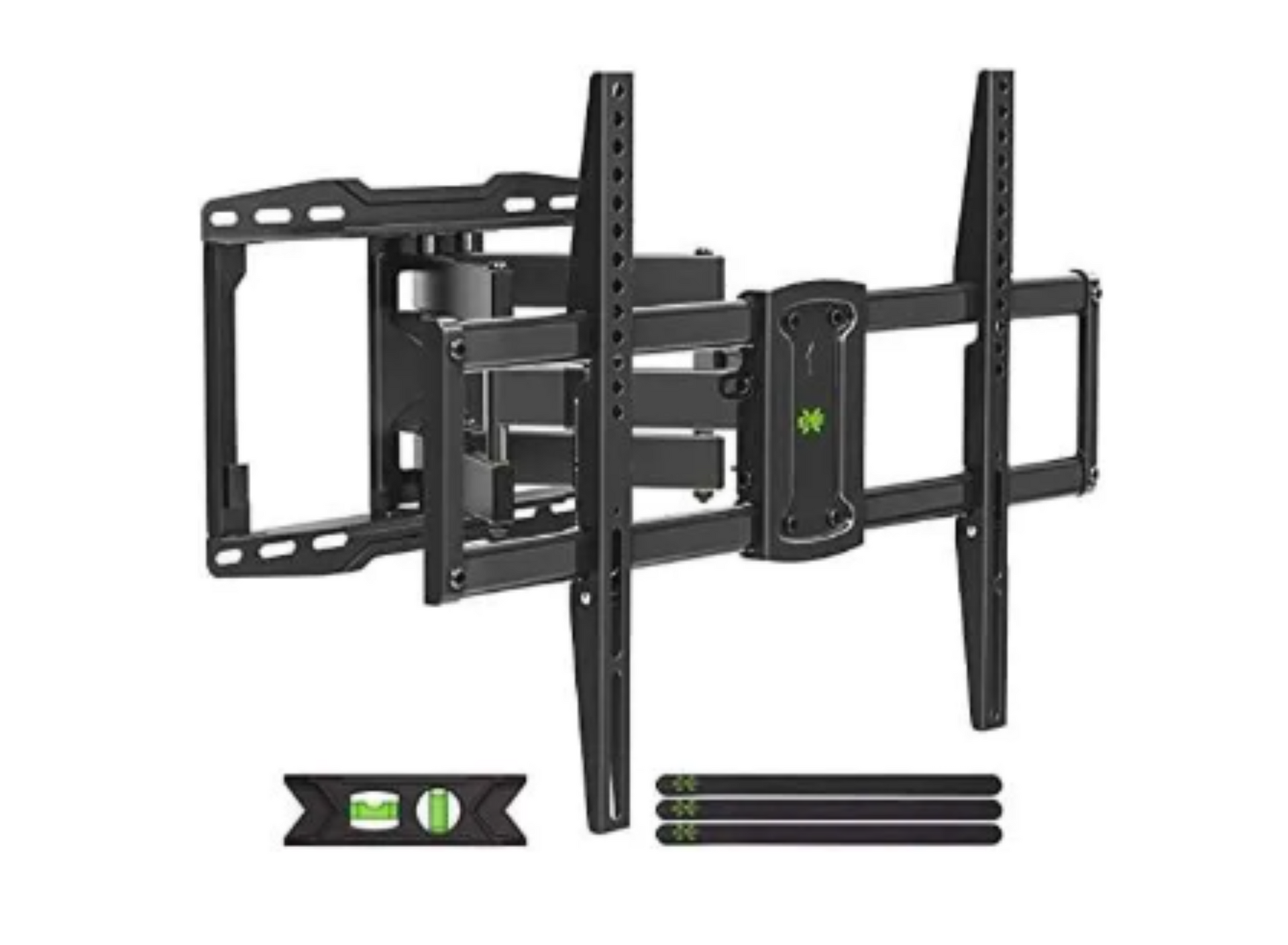 Black adjustable TV wall mount with bubble level and screws on white background