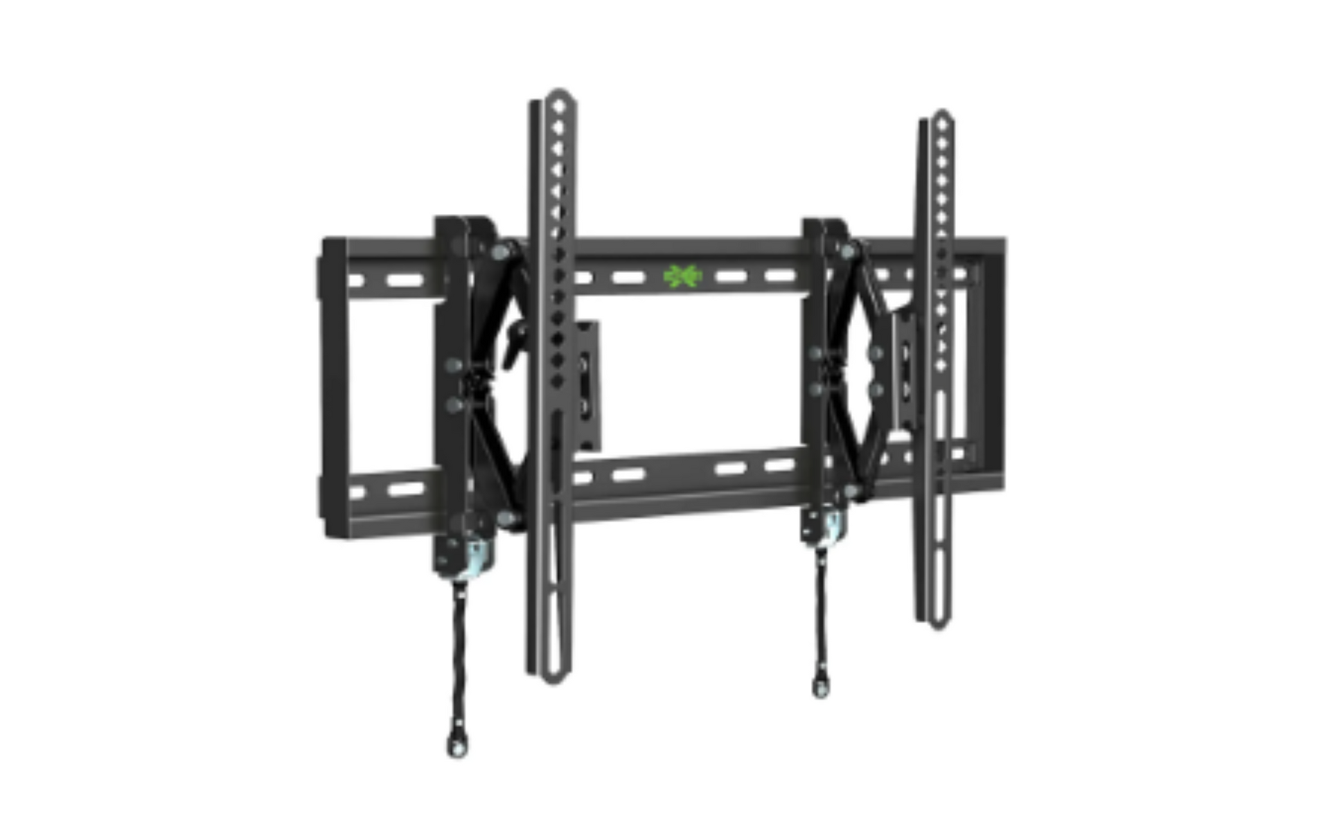 Black wall-mount TV bracket with extendable arms and hanging pull cords on white background